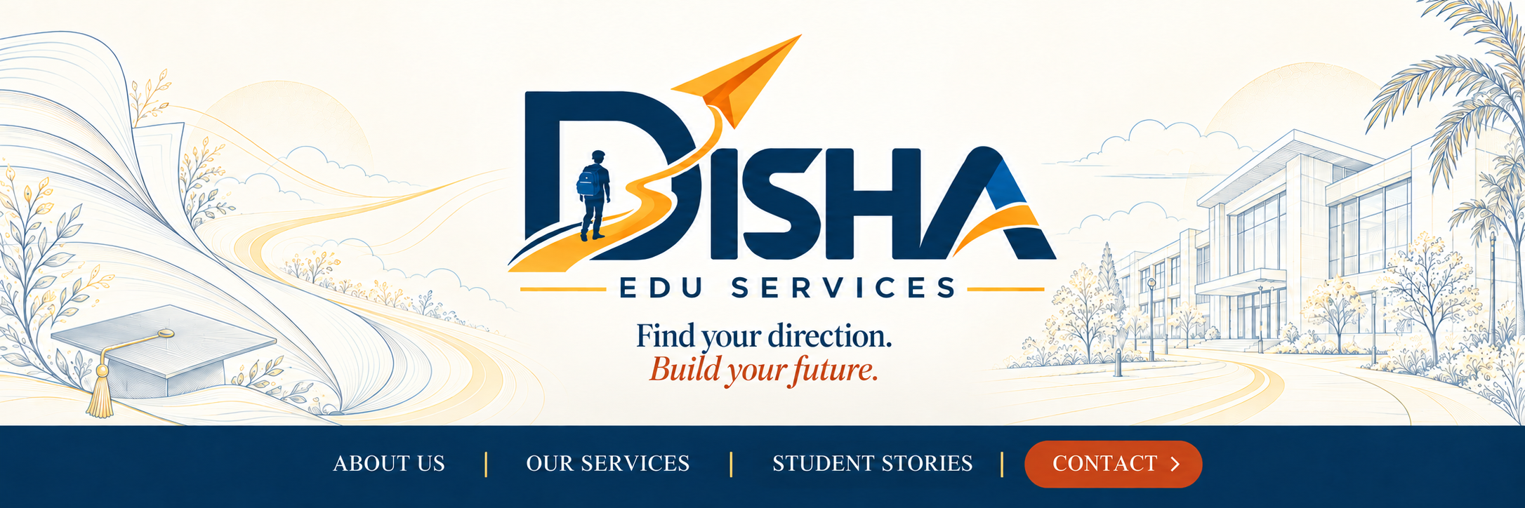 DISHA Edu Services. Find your direction. Build your future. An open book, campus and a golden path leading to a paper plane.