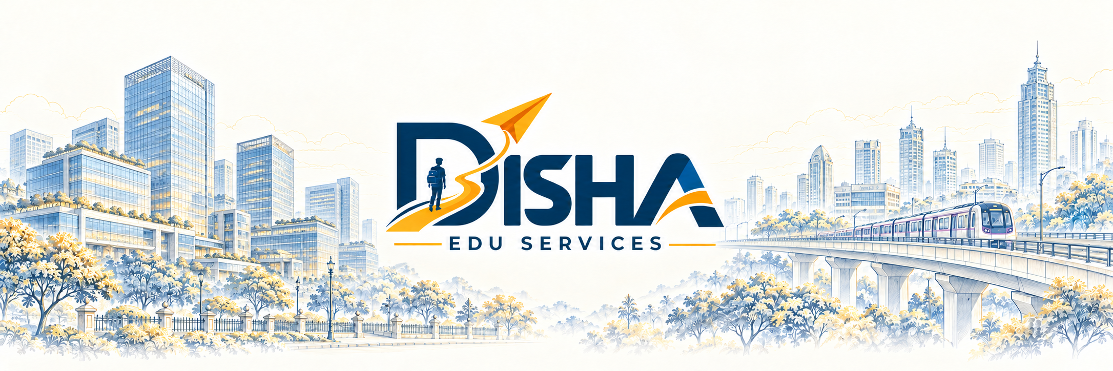 DISHA Edu Services with light corporate city buildings and metro artwork