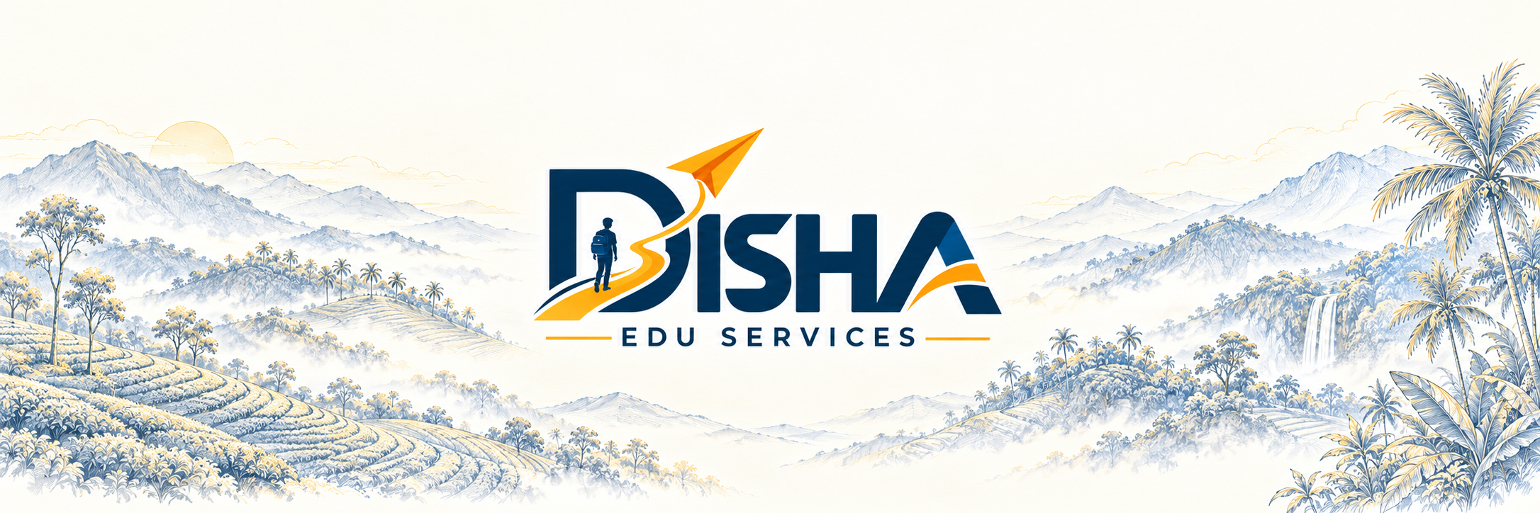 DISHA Edu Services, surrounded by light mountain, tea garden and waterfall artwork
